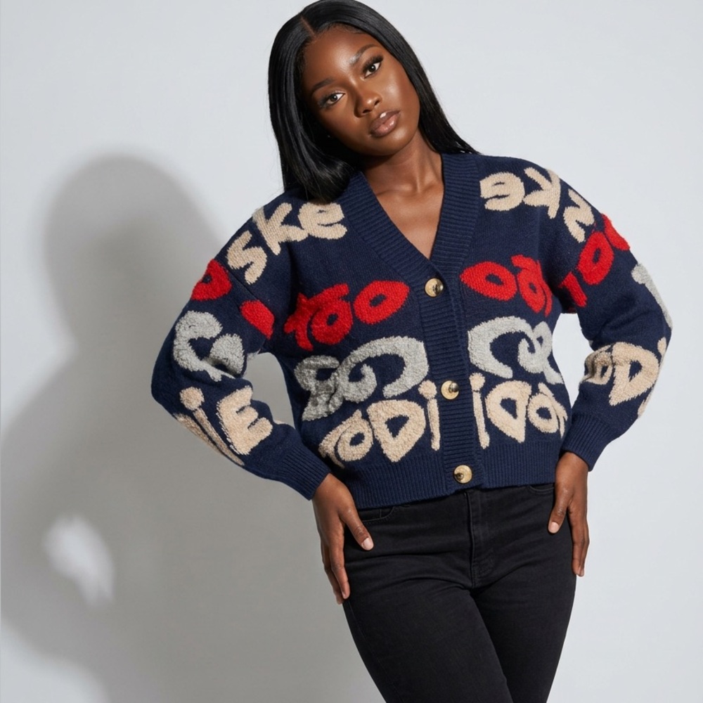 Navy Blue Graphic Knit Cardigan Sweater Ask Me Too Rare To Die Streetwear L